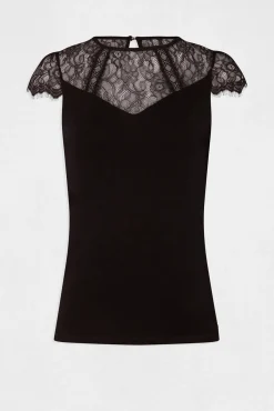 Morgan T-Shirts-T-shirt manga curta com renda Preto