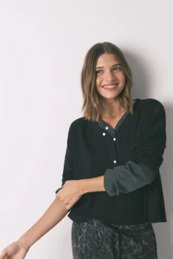 Women'secret T-Shirts-T-shirt preta de manga comprida waffle preto