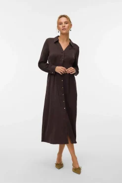 Vero Moda Vestidos-Vestido camisa com efeito acetinado Castanho