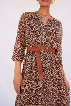 Cortefiel Vestidos-Vestido camisa estampado com cinto Castanho