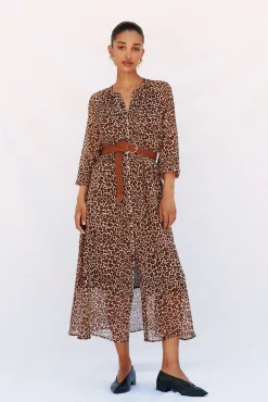 Cortefiel Vestidos-Vestido camisa estampado com cinto Castanho