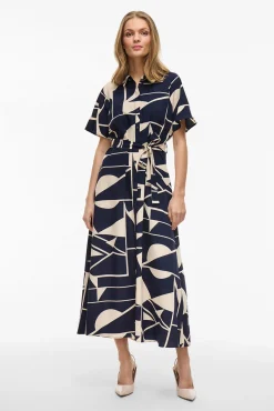 Vila Vestidos-Vestido camisa midi com nó Azul