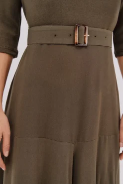 Cortefiel Vestidos-Vestido combinado com cinto Verde