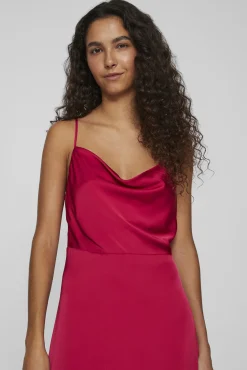 Vila Vestidos|Camisolas-Vestido comprido acetinado com decote drapeado Vermelho