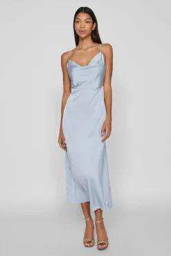 Vila Vestidos|Camisolas-Vestido comprido acetinado com decote drapeado Azul