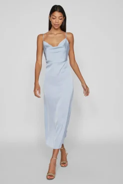 Vila Vestidos|Camisolas-Vestido comprido acetinado com decote drapeado Azul