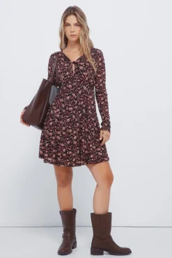 Springfield Vestidos-Vestido curto com decote em laço estampado castanho