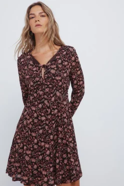 Springfield Vestidos-Vestido curto com decote em laço estampado castanho