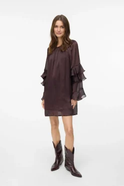 Vero Moda Vestidos-Vestido curto de chiffon com manga franzidas Castanho