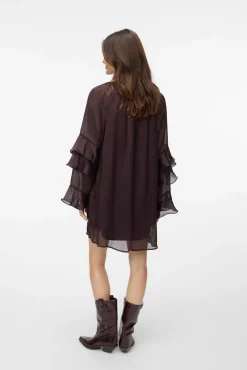 Vero Moda Vestidos-Vestido curto de chiffon com manga franzidas Castanho