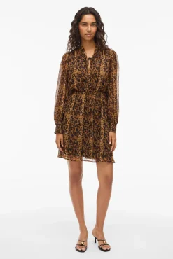 Vila Vestidos-Vestido curto de chiffon estampado Castanho