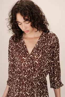 Grace & Mila Vestidos-Vestido curto de manga 3/4 com decote em V e estampado abstrata bicolor Castanho