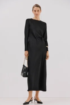 Cortefiel Vestidos-Vestido de cetim com nó Preto