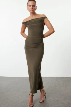 Trendyol Vestidos-Vestido de malha Caqui escuro