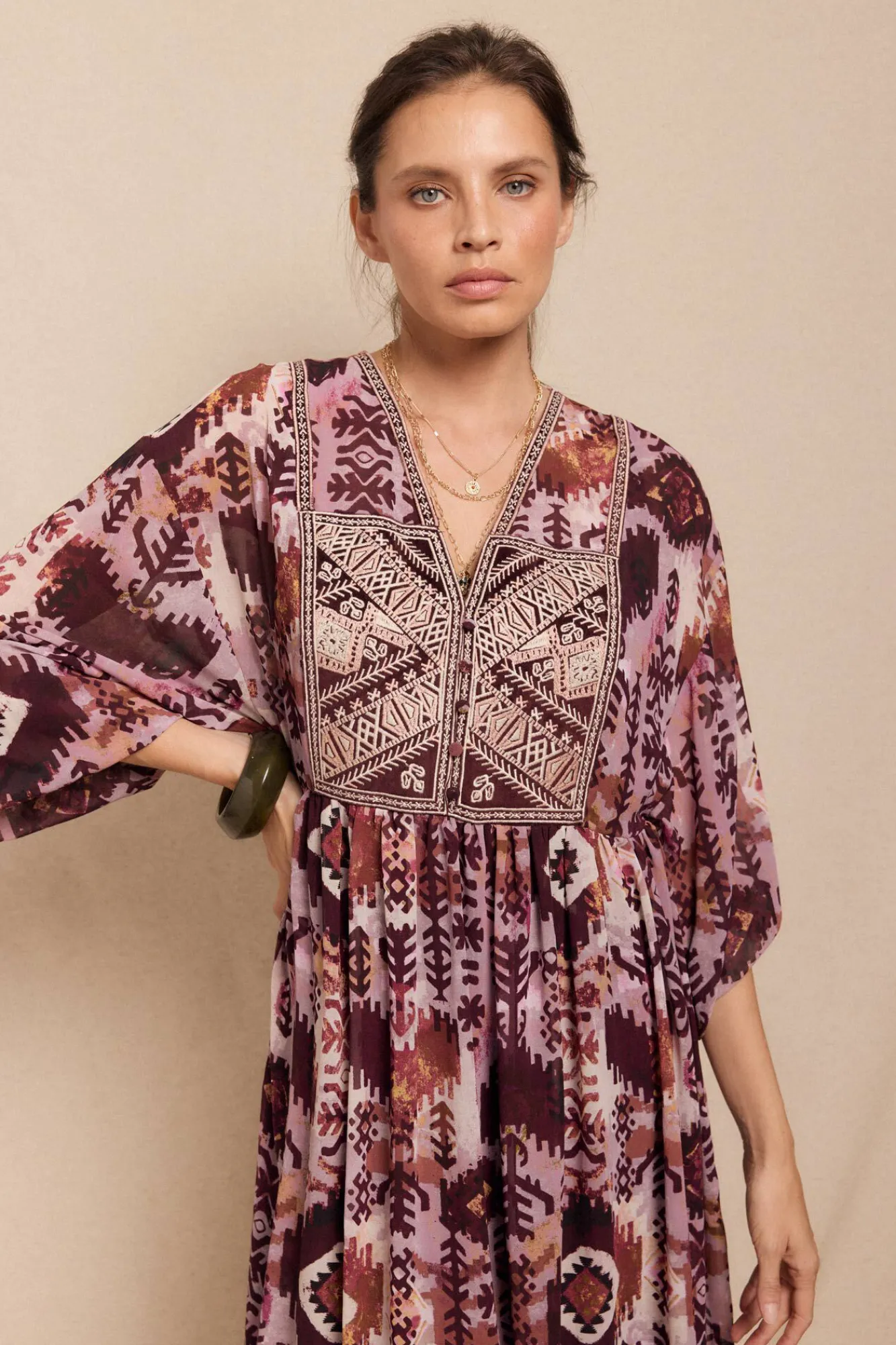 Slowlove Vestidos-Vestido fluído estampado e bordado Multicolorido