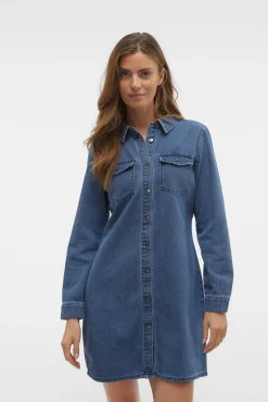Vero Moda Vestidos-Vestido jeans curto de manga comprida Azul