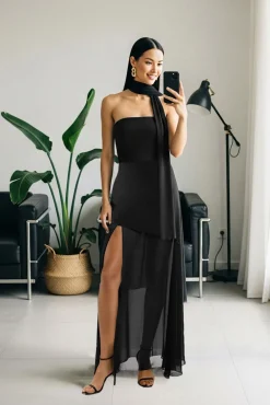 Trendyol Vestidos-Vestido longo com xaile preto