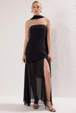 Trendyol Vestidos-Vestido longo com xaile preto