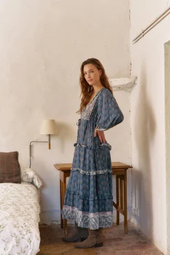 Jaase Vestidos-Vestido longo Luciana com estampado Nico Azul