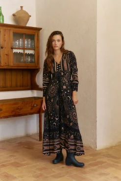 Jaase Vestidos-Vestido longo Sabrina com estampado Astrid Preto