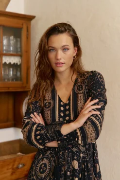 Jaase Vestidos-Vestido longo Sabrina com estampado Astrid Preto