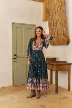 Jaase Vestidos-Vestido longo Teresa com estampado de ruibarbo Azul
