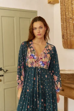 Jaase Vestidos-Vestido longo Teresa com estampado de ruibarbo Azul