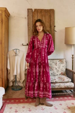 Jaase Vestidos-Vestido longo Teresa com estampado de ruibarbo Granada