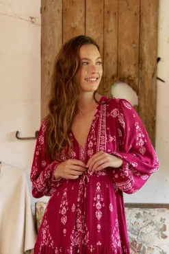 Jaase Vestidos-Vestido longo Teresa com estampado de ruibarbo Granada