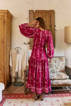 Jaase Vestidos-Vestido longo Teresa com estampado de ruibarbo Granada