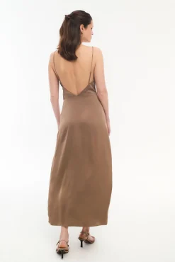 Vila Vestidos-Vestido midi acetinado Castanho