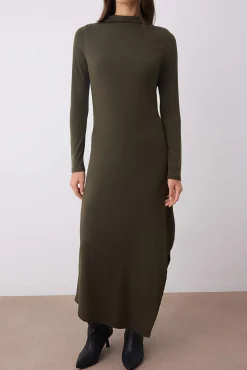 Trendyol Vestidos-Vestido midi de gola alta Caqui escuro