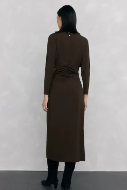 Pedro del Hierro Vestidos-Vestido midi de malha manga comprida com malha franzida Marrom