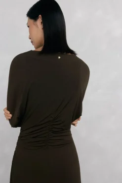 Pedro del Hierro Vestidos-Vestido midi de malha manga comprida com malha franzida Marrom