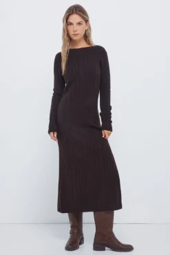 Springfield Vestidos-Vestido midi de malha Pointelle castanho