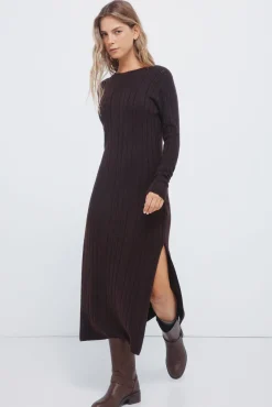 Springfield Vestidos-Vestido midi de malha Pointelle castanho