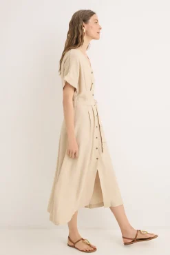 Cortefiel Vestidos-Vestido midi plissado Tostado