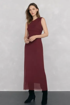Pedro del Hierro Vestidos-Vestido midi reto com babados em tule Bordeaux